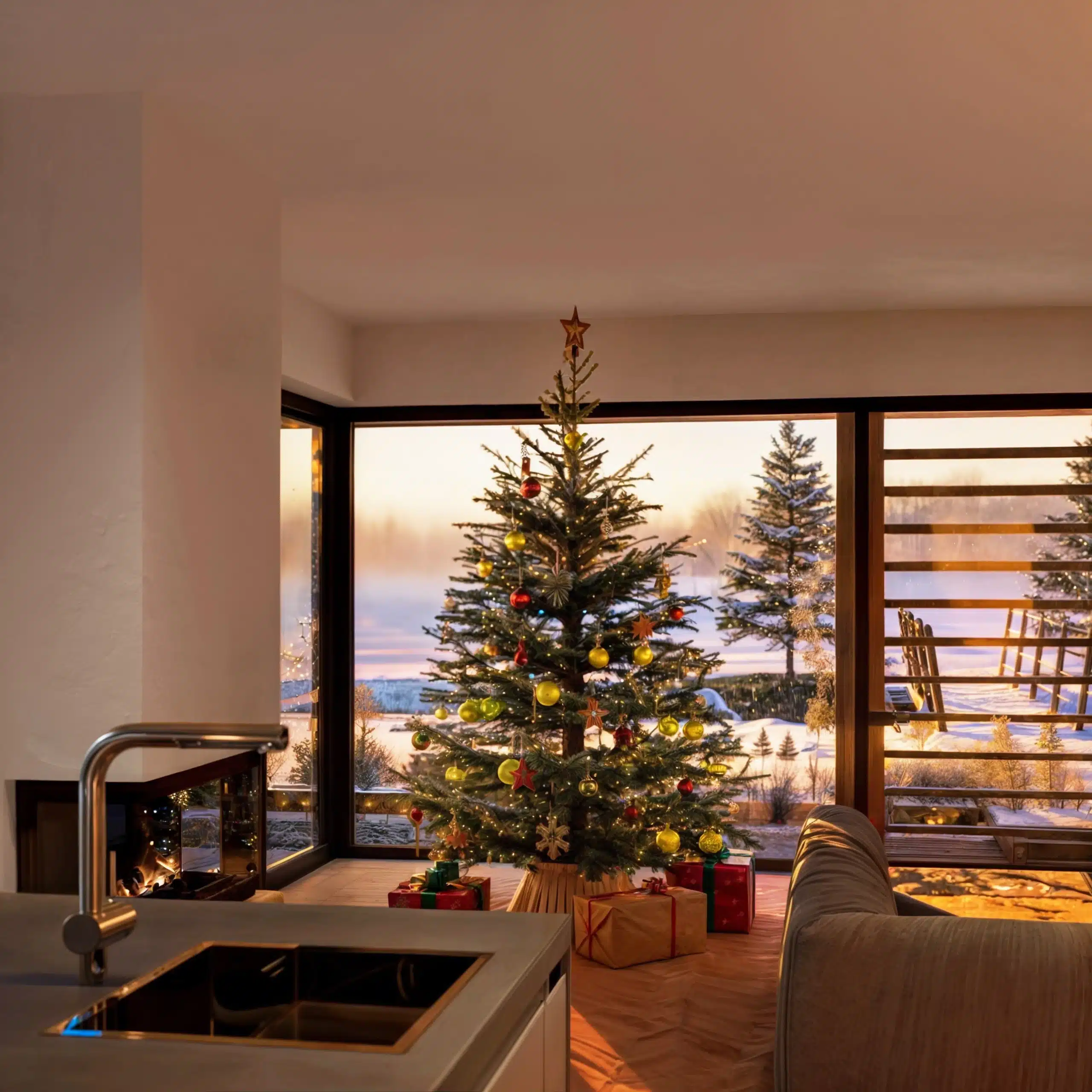 Winters landschap en kerstboom in huis met gele kerstballen.