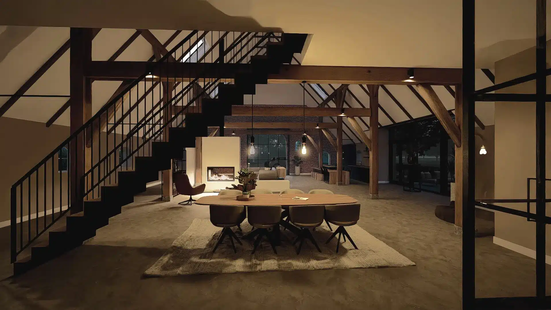 Een impressie van de woonkamer en eettafel van een verbouwing van een karakteristiek woonboerderij.